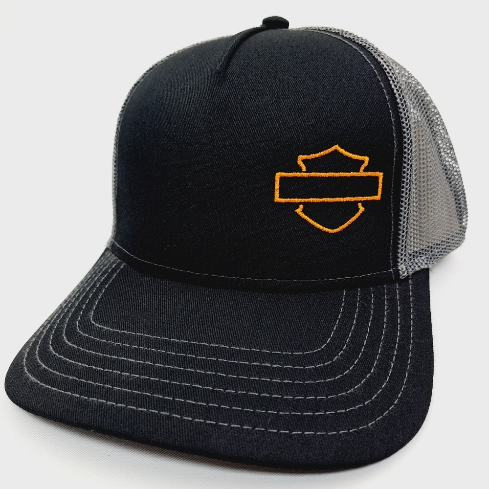 Harley Bar & Shield Trucker Mesh Snapback Hat Cap Black Embroidere…